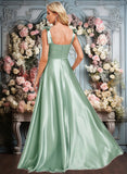 Lillie A-line Square Floor-Length Stretch Satin Bridesmaid Dress With Bow JLP0025788