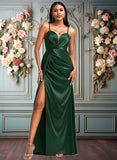 Makena A-line V-Neck Floor-Length Stretch Satin Bridesmaid Dress JLP0025745