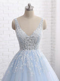 Sexy Ball Gown Tulle Sky Blue V-neck Appliques Brush Train Long Sleeveless Prom Dresses UK JS505