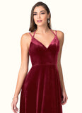 Paula A-Line Bow Velvet Floor-Length Dress SJSP0019697