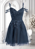 Miah A-line V-Neck Short Tulle Lace Homecoming Dress With Sequins JLP0025642