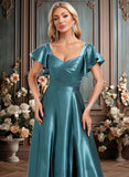 Reyna A-line V-Neck Floor-Length Stretch Satin Bridesmaid Dress With Ruffle JLP0025780