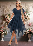 Maritza A-line V-Neck Asymmetrical Chiffon Bridesmaid Dress With Ruffle JLP0025804