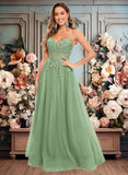 Samantha Ball-Gown/Princess V-Neck Floor-Length Tulle Prom Dresses With Sequins Appliques Lace JLP0025837