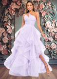 Sue Ball-Gown/Princess Asymmetrical One Shoulder Floor-Length Tulle Prom Dresses JLP0025867