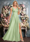 Claire A-line V-Neck Floor-Length Satin Prom Dresses JLP0025877