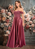 Gabriela A-line Off the Shoulder Floor-Length Satin Lace Prom Dresses With Sequins JLP0025841