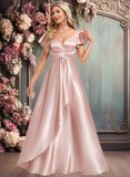 Yazmin A-line V-Neck Floor-Length Stretch Satin Bridesmaid Dress With Ruffle JLP0025787