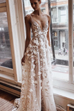 A-Line Floral Applied Long Wedding Dress With Illusion V Neck