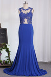 Mermaid See-Through Scoop Prom Dresses With Applique Spandex