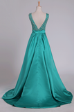 Sweep Train A Line Prom Dresses V Neck Satin With Beading