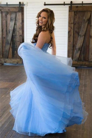 Light Blue Sweetheart Lace Tulle Open Back Flowy Prom Dresses