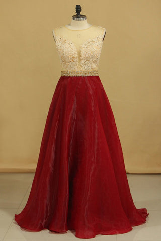 Scoop A Line Prom Dresses Organza With Sash & Applique Burgundy/Maroon