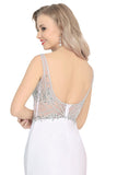 Spandex V Neck Beaded Bodice Mermaid Sweep Train Prom Dresses See-Through