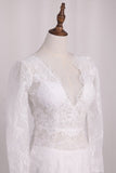 V Neck Long Sleeves Lace Mermaid Wedding Dresses Open Back Sweep Train