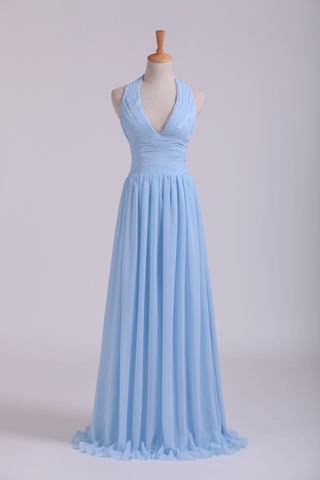 Halter A Line Floor Length Ruffled Bridesmaid Dresses