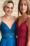 Spaghetti Straps A-Line Long Cheap Prom Dresses With Lace Top