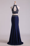 Dark Royal Blue Halter Two-Piece Beaded Bodice Mermaid Open Back Prom Dresses Spandex & Tulle Floor Length