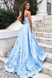 Princess A Line Strapless Blue Satin Sleeveless Prom Dresses with Pockets, Evening Dresses SJS15285