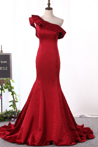 New Arrival One Shoulder Evening Dresses Mermaid Satin Sweep Train