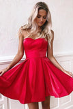 Simple Red Satin Sweetheart Strapless Homecoming Dresses Above Knee Short Prom Dresses SJS14982