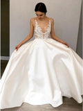 Simple A-Line Deep V Neck Satin Ivory Wedding Dress with Lace Appliques SJS15387