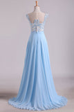 Scoop Cap Sleeves Prom Dresses Chiffon With Applique Floor Length