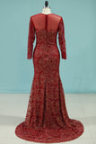 Bling Bling Evening Dresses Burgundy Mermaid Scoop Sweep/Brush Sequins Lace