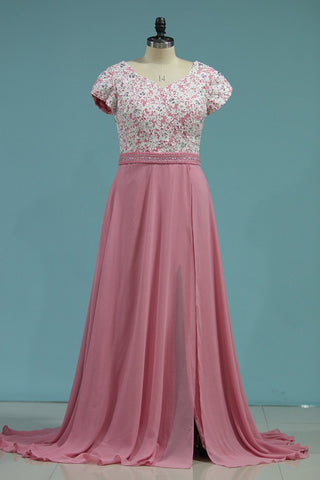 New Arrival Prom Dresses Short Sleeves Chiffon With Applique And Slit