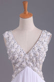 White V-Neck Prom Dresses A Line Chiffon With Beading