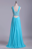 Straps A Line Prom Dresses Chiffon With Applique & Ruffles Floor Length