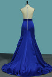 Satin Mermaid V Neck Beaded Bodice Prom Dresses Sweep Train