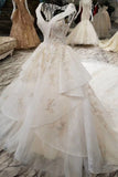 Champagne Wedding Gown V Neck Royal Train Handmade Beading Lace Up Back