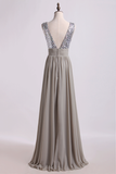 Romantic Scoop V Back A Line/Princess Chiffon Prom Dresses With Beads And Ruffles Floor Length