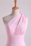 One Shoulder A Line Chiffon Bridesmaid Dresses With Ruffles Pearl Pink