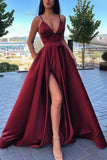 Simple A Line Spaghetti Straps V Neck Satin Prom Dresses with Slit, Formal SJS20470