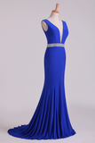 Open Back Column Prom Dresses V Neck Dark Royal Blue Beaded Waistline Sweep Train