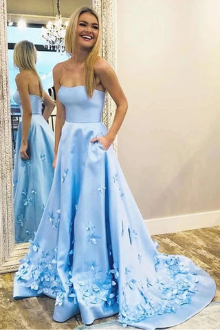 Princess A Line Strapless Blue Satin Sleeveless Prom Dresses with Pockets, Evening Dresses SJS15285