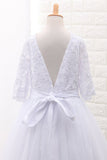 Mid-Length Sleeves Scoop Ball Gown Flower Girl Dresses Tulle With Sash