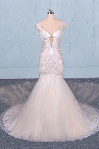 Charming Mermaid Tulle V-neck Wedding Dress, Sheer Back Long Bridal Dresses SJS15112