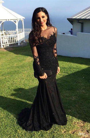 Modset Mermaid Black Long Sleeves Prom Evening Dress with Appliques JS170