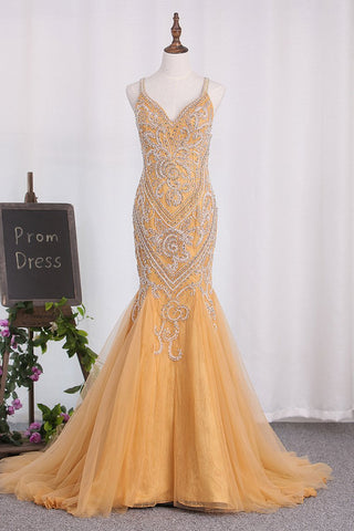 Sexy Open Back Mermaid Tulle Prom Dresses Spaghetti Straps Beaded Bodice