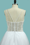 A Line Spaghetti Straps Wedding Dresses Beaded Bodice Tulle Court Train