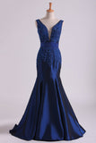 V Neck Mermaid Prom Dresses Taffeta With Beads And Applique Sweep Train