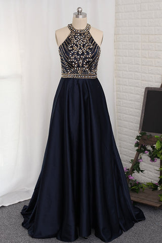 Sexy Open Back Prom Dresses Scoop Satin With Beads A Line