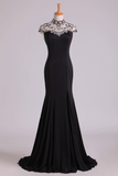 New High Neck Sheath Prom Dresses Spandex With Beading & Slit