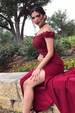 Mermaid Off the Shoulder Burgundy Prom Dresses with Slit, Lace Appliques Evening Dress SJS15264