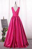 Satin Prom Dresses V Neck A Line With Ruffles Bodice