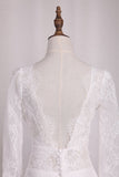 V Neck Long Sleeves Lace Mermaid Wedding Dresses Open Back Sweep Train