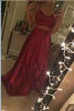 Two Piece Straps Long Prom Dress Evening Dress Spaghetti Straps Wine Red Prom Dresses JS159